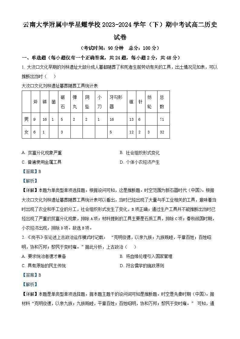 云南省昆明市官渡区云南大学附属中学星耀学校2023-2024学年高二下学期期中历史试题（原卷版+解析版）01