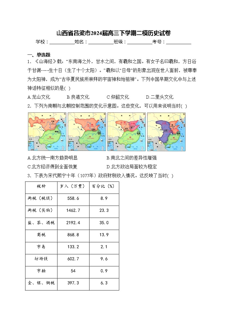 山西省吕梁市2024届高三下学期二模历史试卷(含答案)第1页