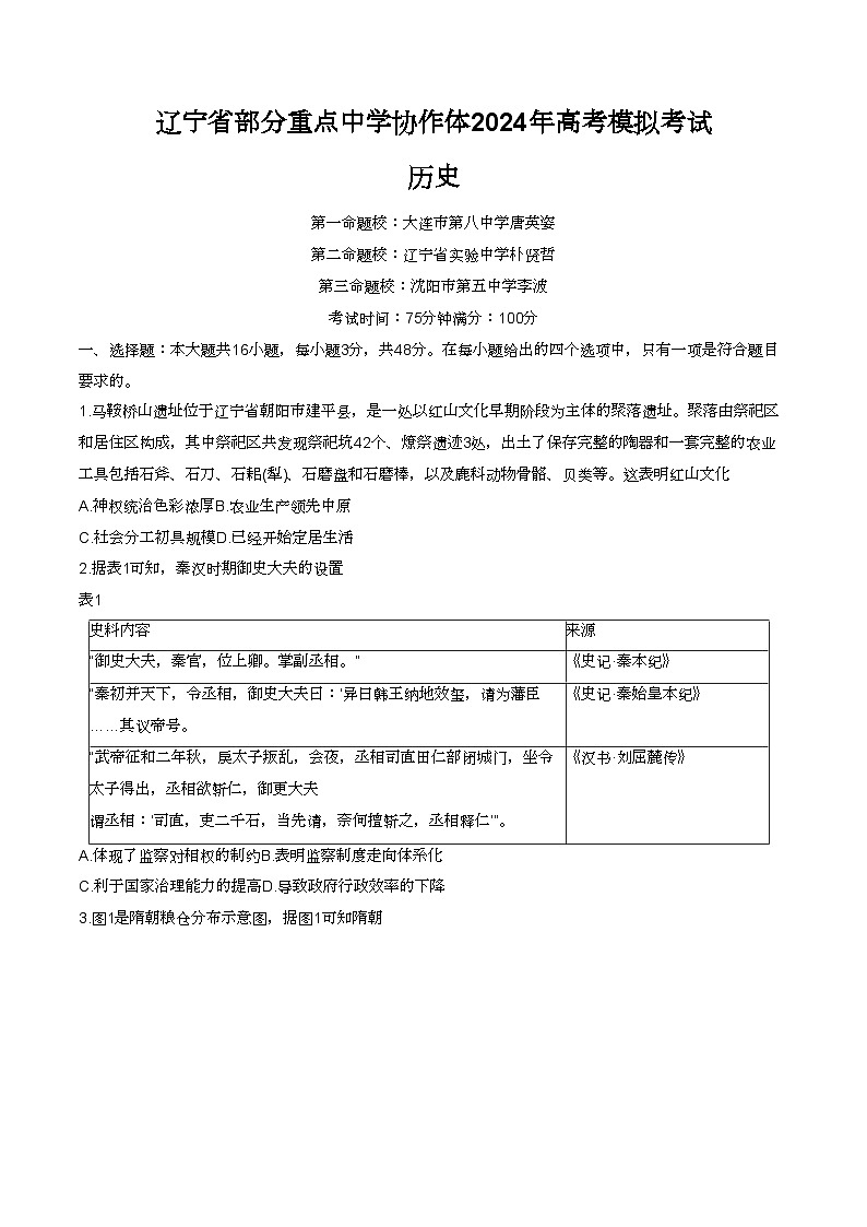 2024届辽宁省部分重点中学协作体高三下学期高考模拟历史试卷01