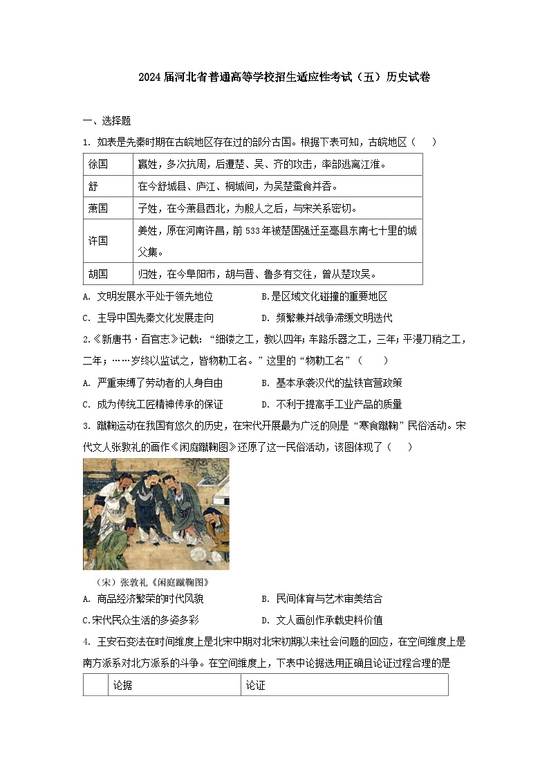 2024届河北省普通高等学校招生适应性考试（五）历史试卷01