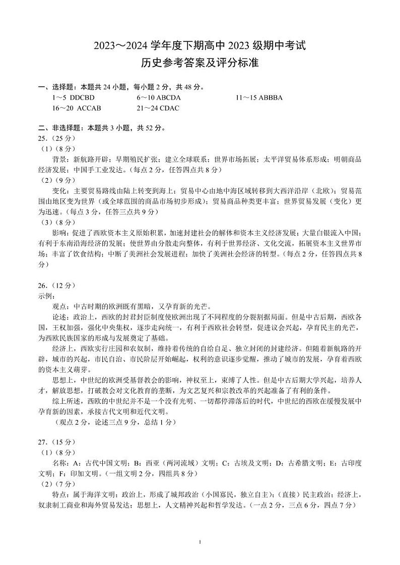 2023～2024学年度下期高中2023级期中考试历史参考答案及评分标准第1页