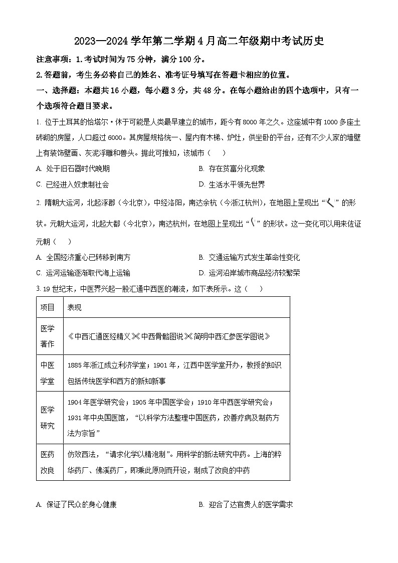 河北省尚义县第一中学等校2023-2024学年高二年级下学期期中考试历史试题（原卷版+解析版）01