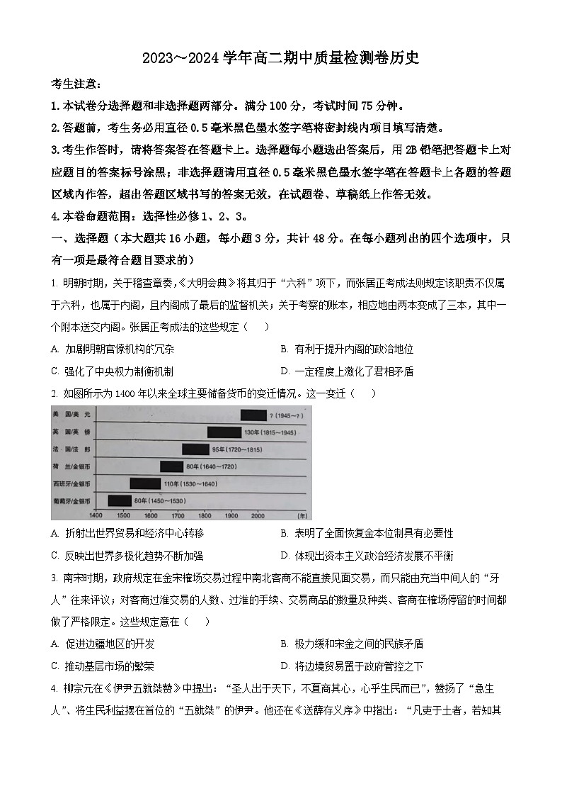 山西省运城市三晋卓越联盟2023-2024学年高二下学期期中考试历史试题 （原卷版+解析版）01