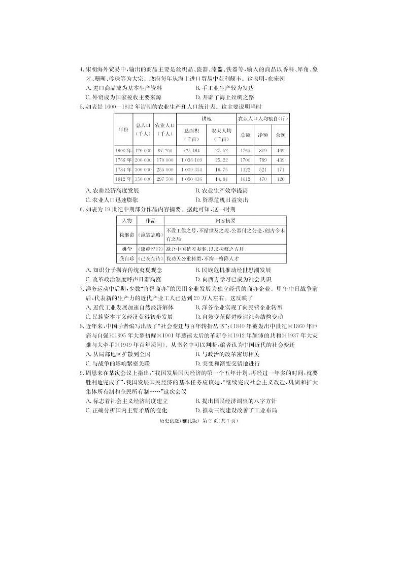 2024届炎德英才大联考雅礼中学高三下学期月考历史试题02