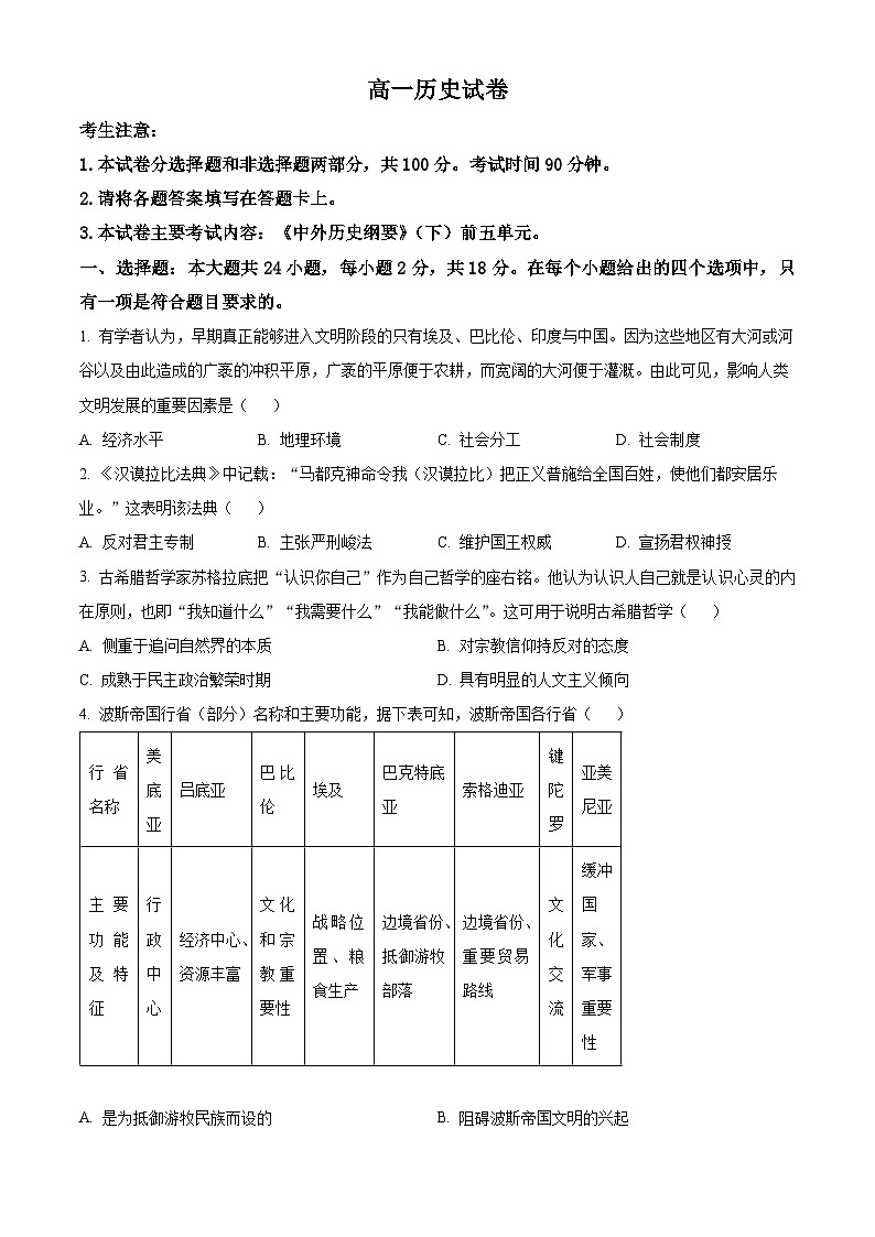 新疆维吾尔自治区部分名校2023-2024学年高一下学期期中联合考试历史试题 （原卷版）第1页