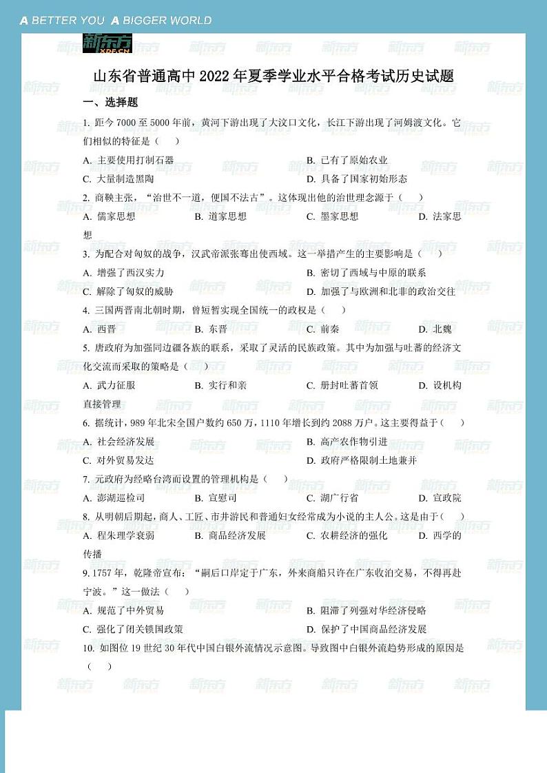 2022年山东省夏季普通高中学业水平合格考试历史试题&参考答案01