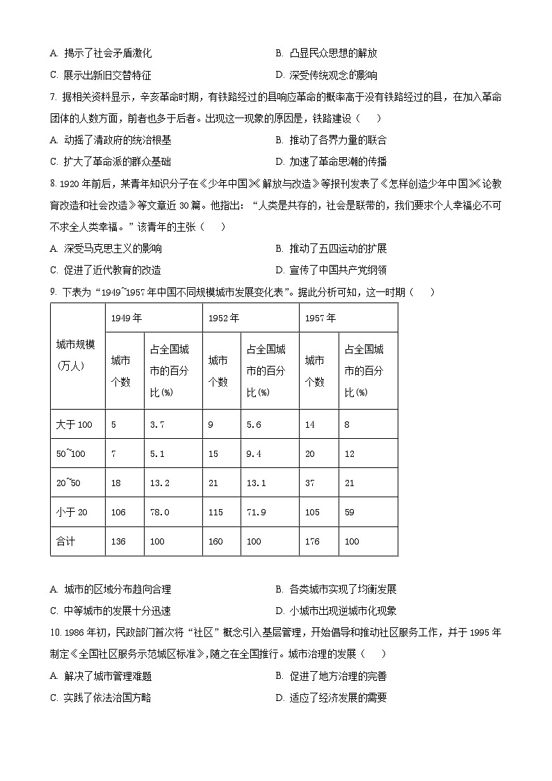 湖北省部分省级示范高中2023-2024学年高二下学期4月期中测试历史试题（原卷版+解析版）03