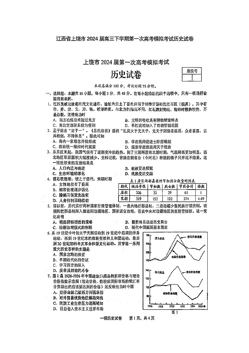 2024届江西上饶市高三一模历史试题01