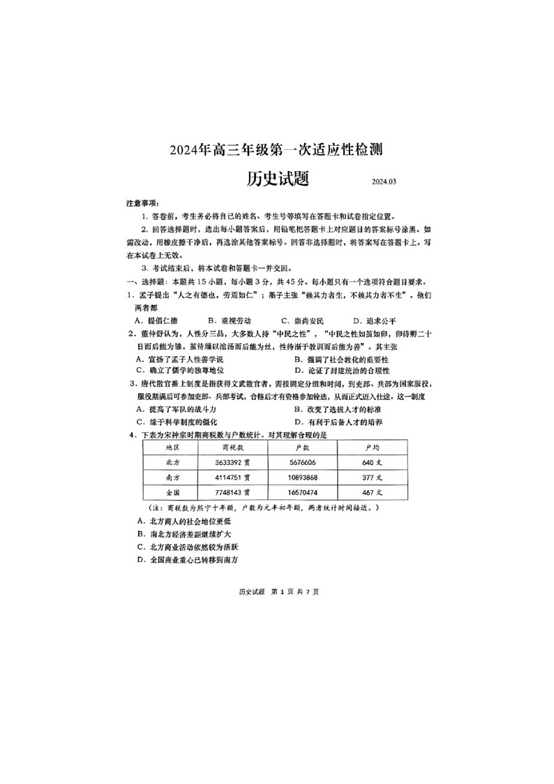2024届山东青岛高三一模历史试题01