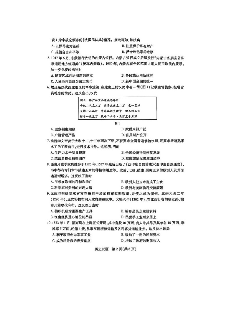 2024届天一大联考高二上学期历史期末考试题第2页
