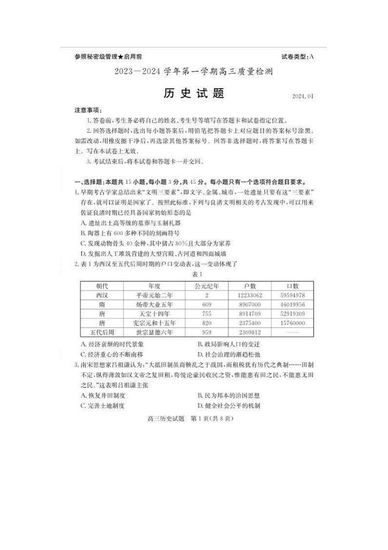2024届山东枣庄高三上学期历史期末考试题第1页