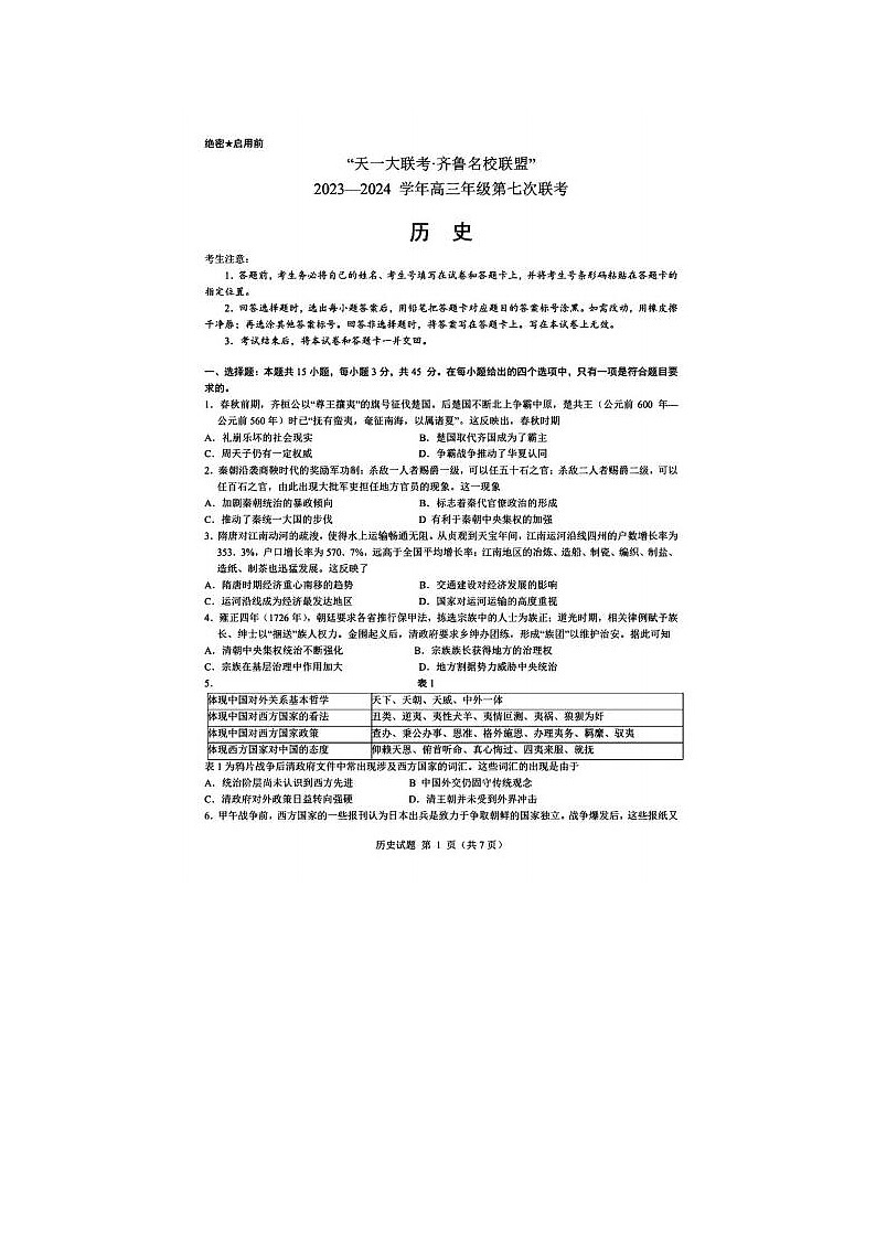 2024届天一大联考齐鲁名校联盟高三下学期4月联考历史试题01