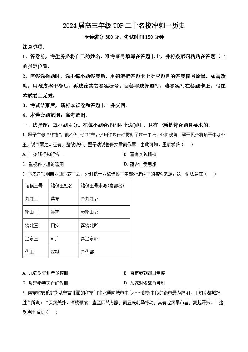 2024届河南省TOP二十名校高三下学期4月冲刺（一）文科综合试卷-高中历史（原卷版）第1页