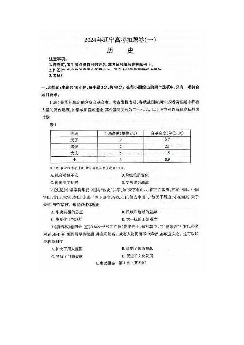 2024届辽宁省高三下学期扣题二模历史试题第1页