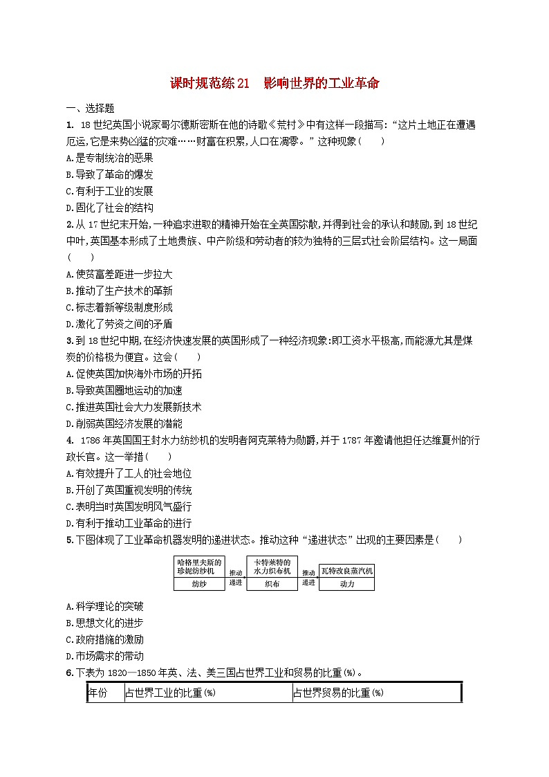 2025届高考历史一轮复习专项练习课时规范练21影响世界的工业革命第1页