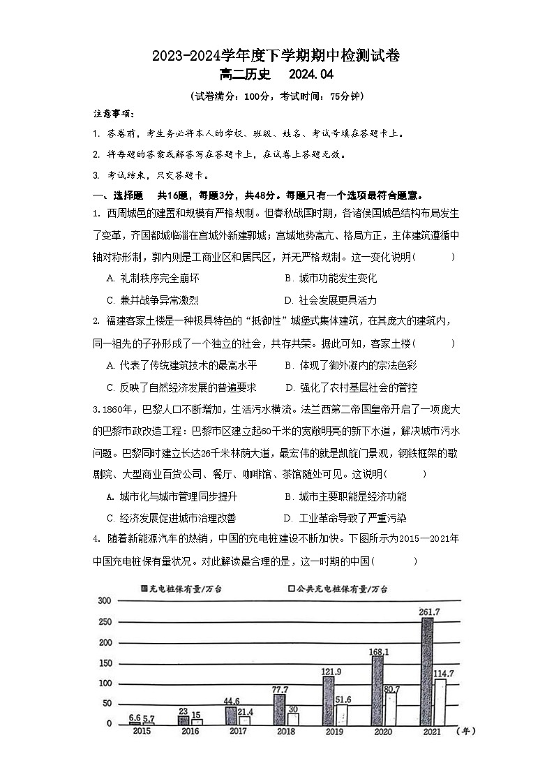 江苏省扬州市宝应县2023-2024学年高二下学期期中检测历史试题++01
