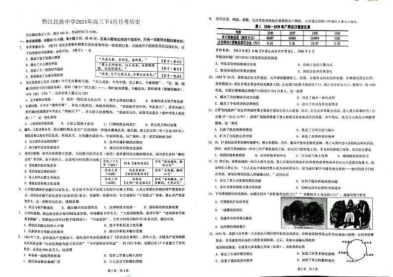 黔江民族中学2024年高三下4月月考历史第1页