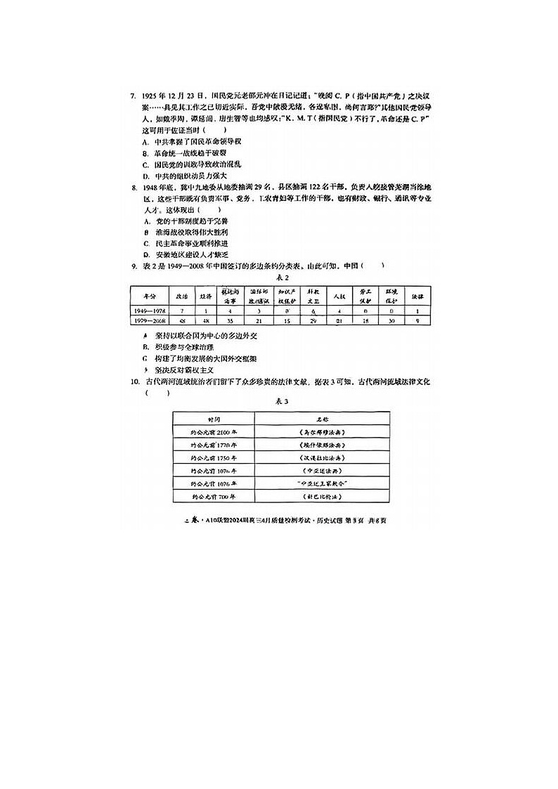 2024届安徽A10联盟高三下学期4月历史试题03