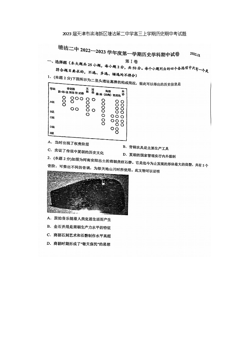 2023届天津市滨海新区塘沽第二中学高三上学期历史期中考试题01