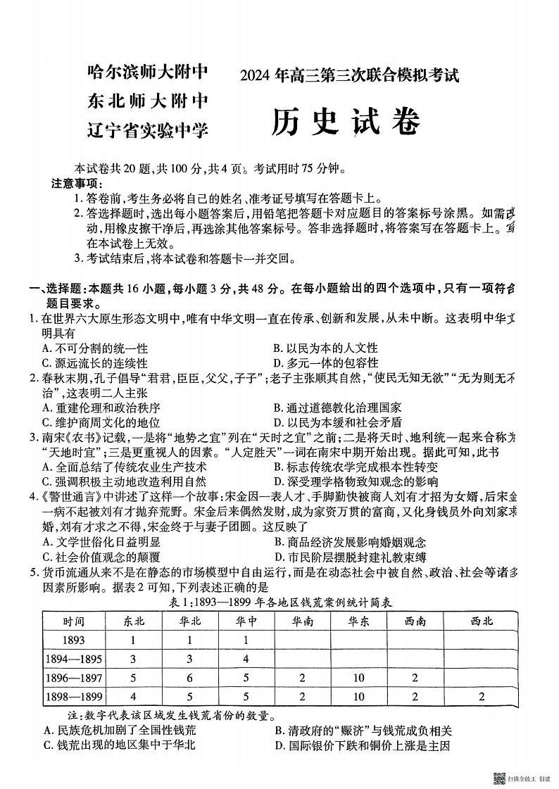 2024届东北三省三校高三下学期第三次联合模拟考试历史试题第1页