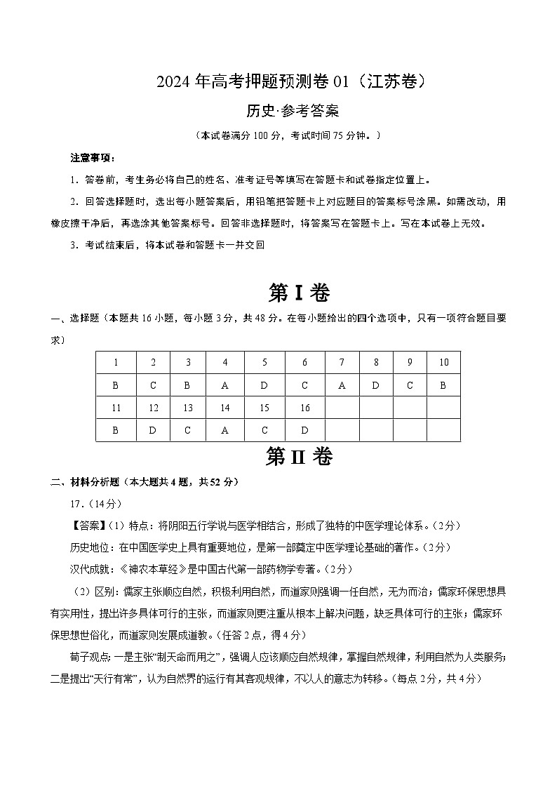 2024年高考押题预测卷—历史（江苏卷01）（参考答案）01