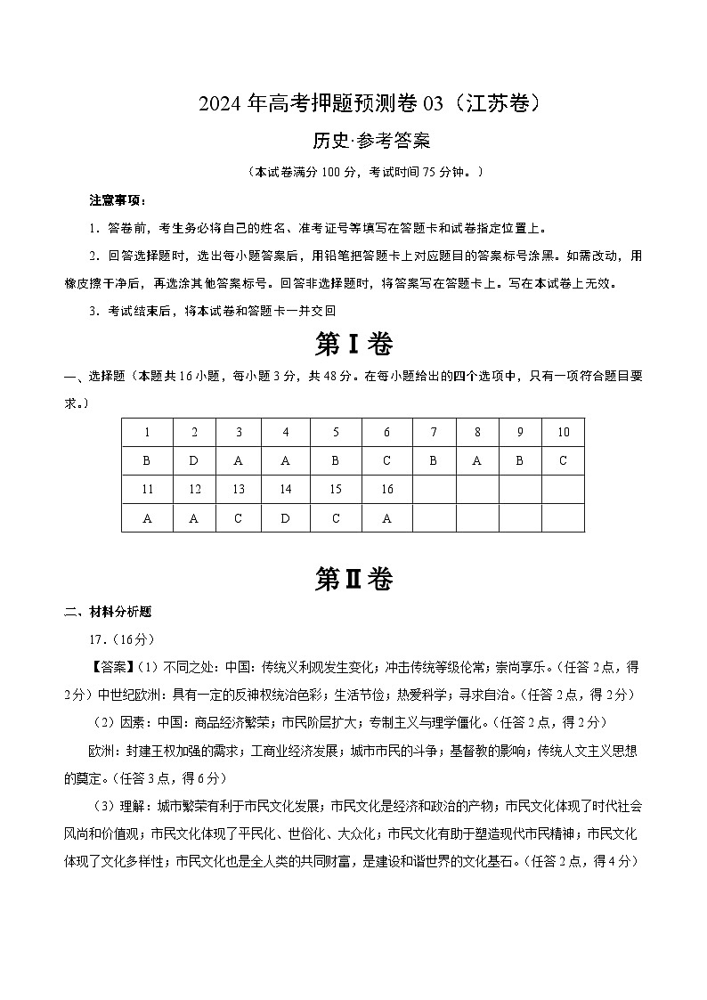 2024年高考押题预测卷—历史（江苏卷03）（参考答案）第1页