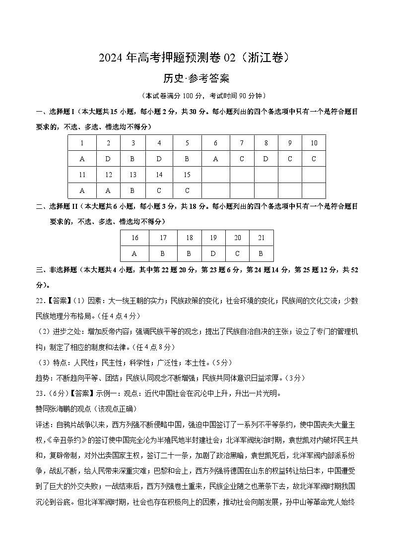 2024年高考押题预测卷—历史（浙江卷02）（参考答案）第1页