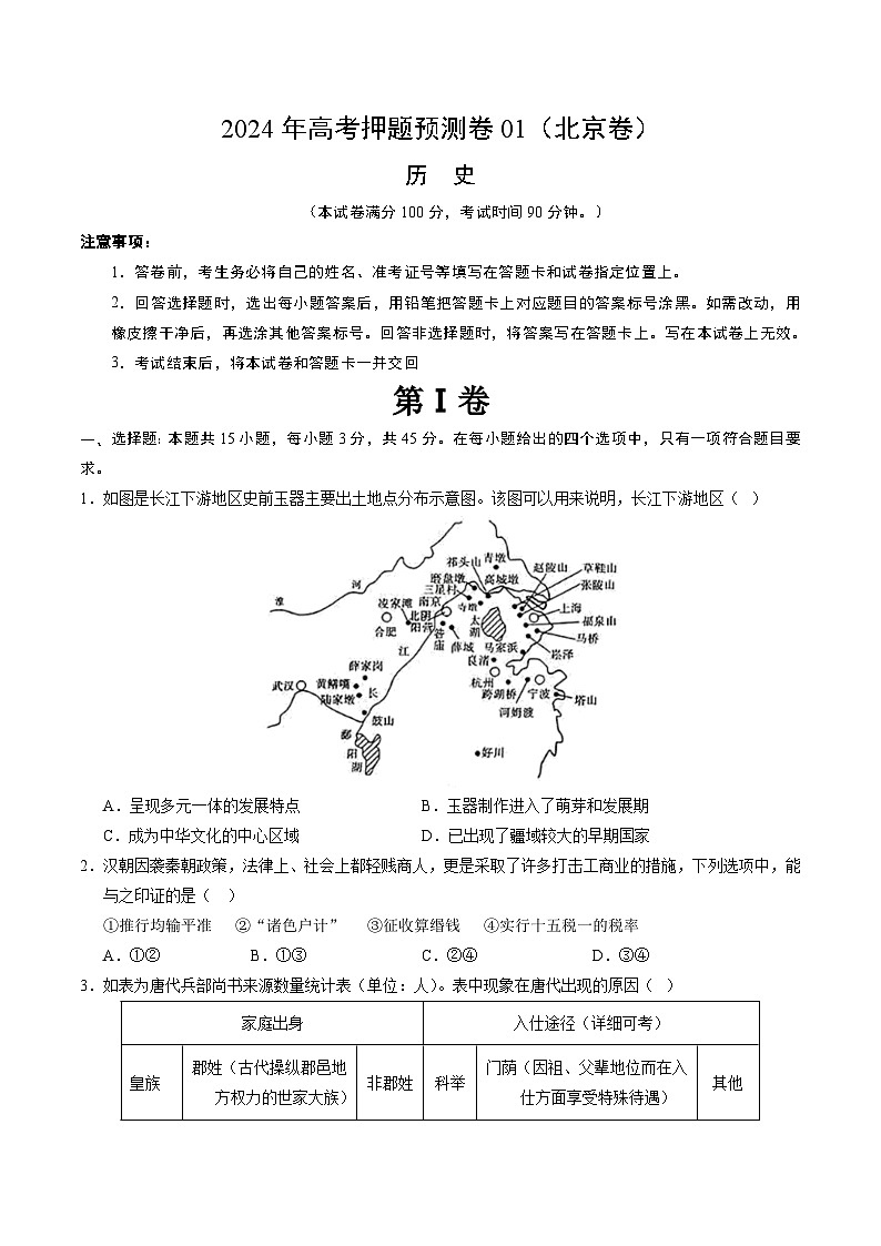 2024年高考押题预测卷—历史（北京卷01）（考试版）01