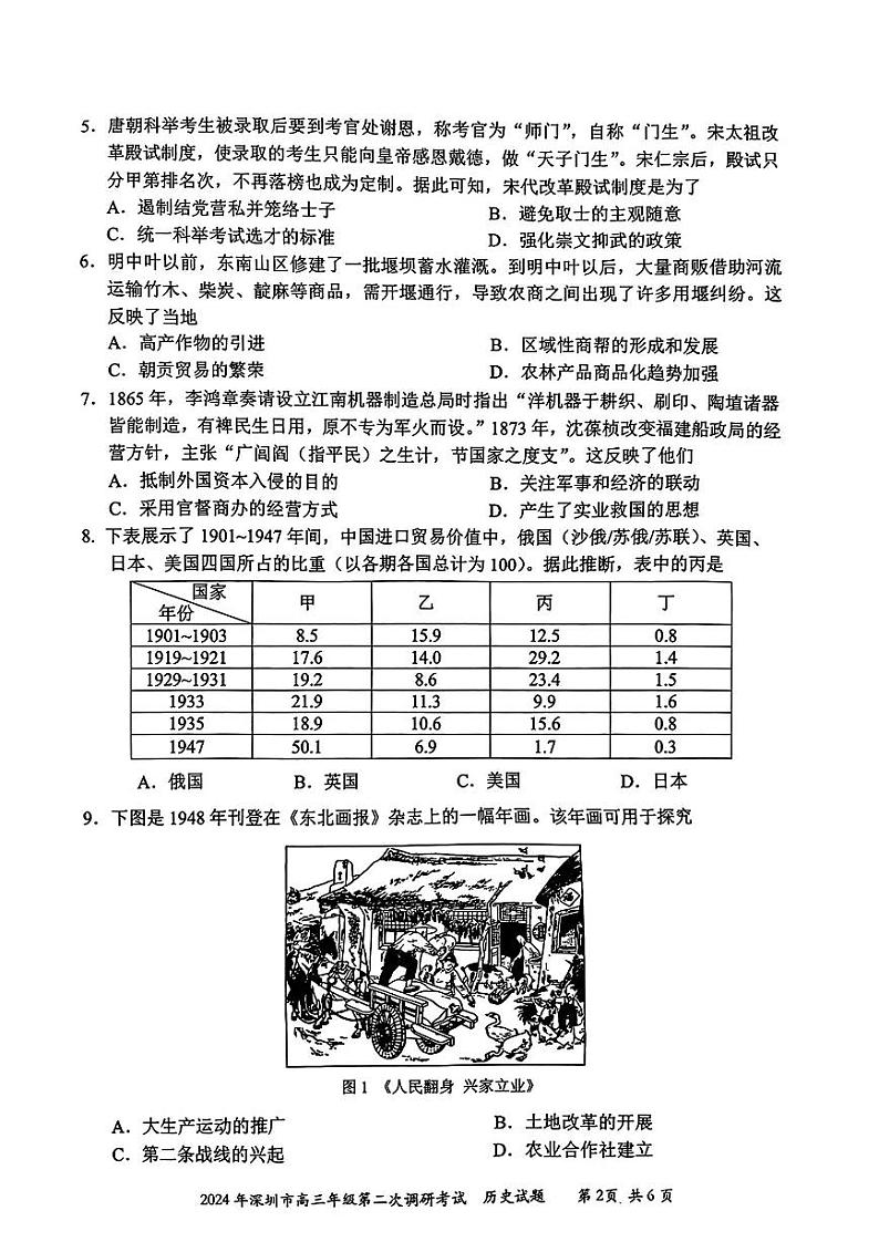 2024届广东省深圳市高三年级第二次调研考试历史试卷（附参考答案）02