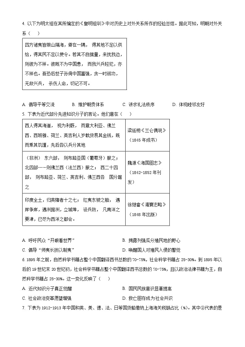 山东省日照市2024届高三下学期4月校际联合考试（二模）历史试卷（Word版附解析）02