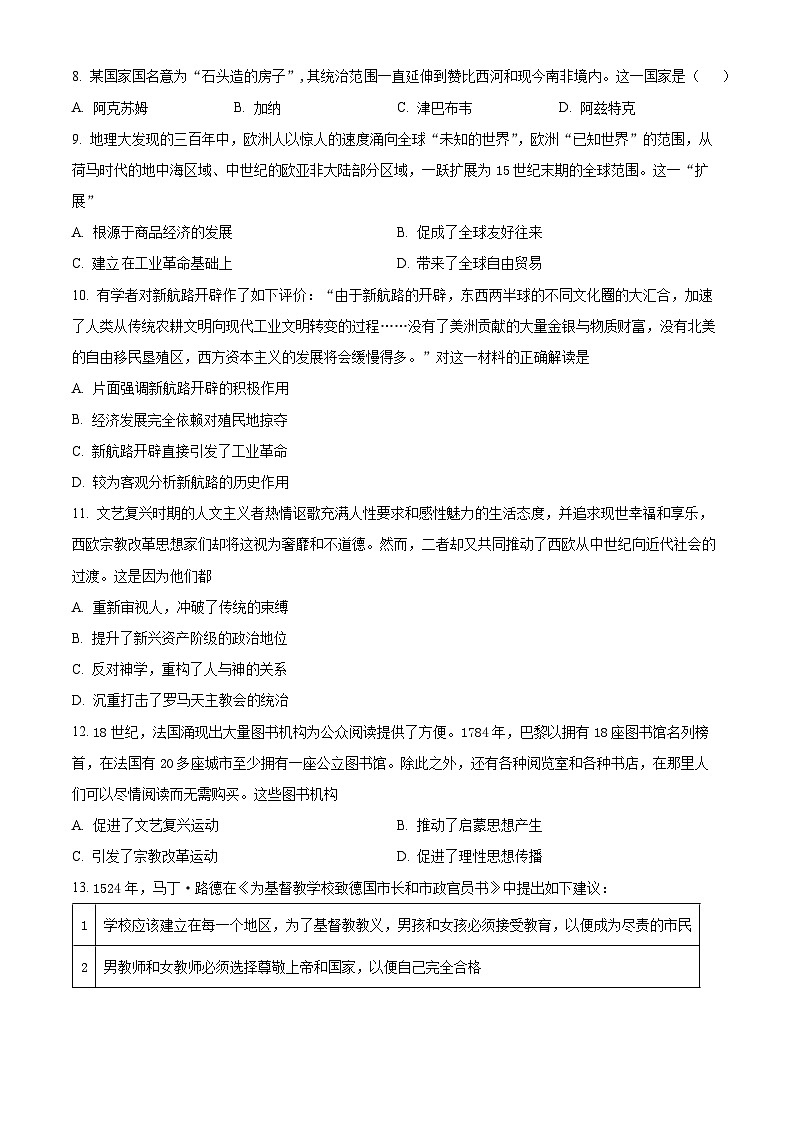 甘肃省兰州市教育局第四片区2023-2024学年高一下学期期中历史试卷（原卷版+解析版）02