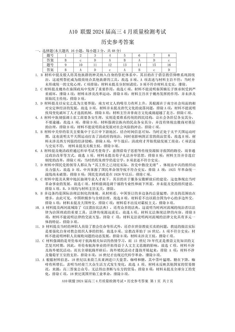 A10联盟2024届高三下学期4月份质量检测考试 历史试卷01