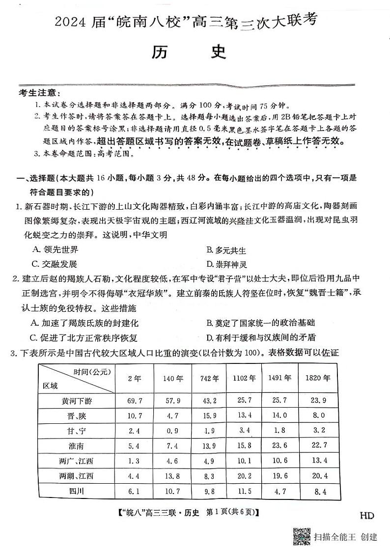 2024届安徽省皖南八校联盟高三下学期4月第三次联合历史试题01