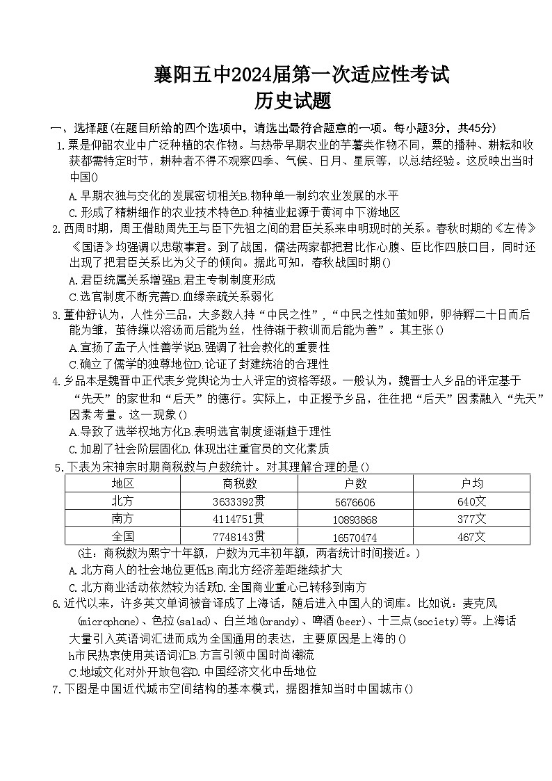 湖北省襄阳市第五中学2024届高三下学期一模历史试卷（Word版附答案）第1页