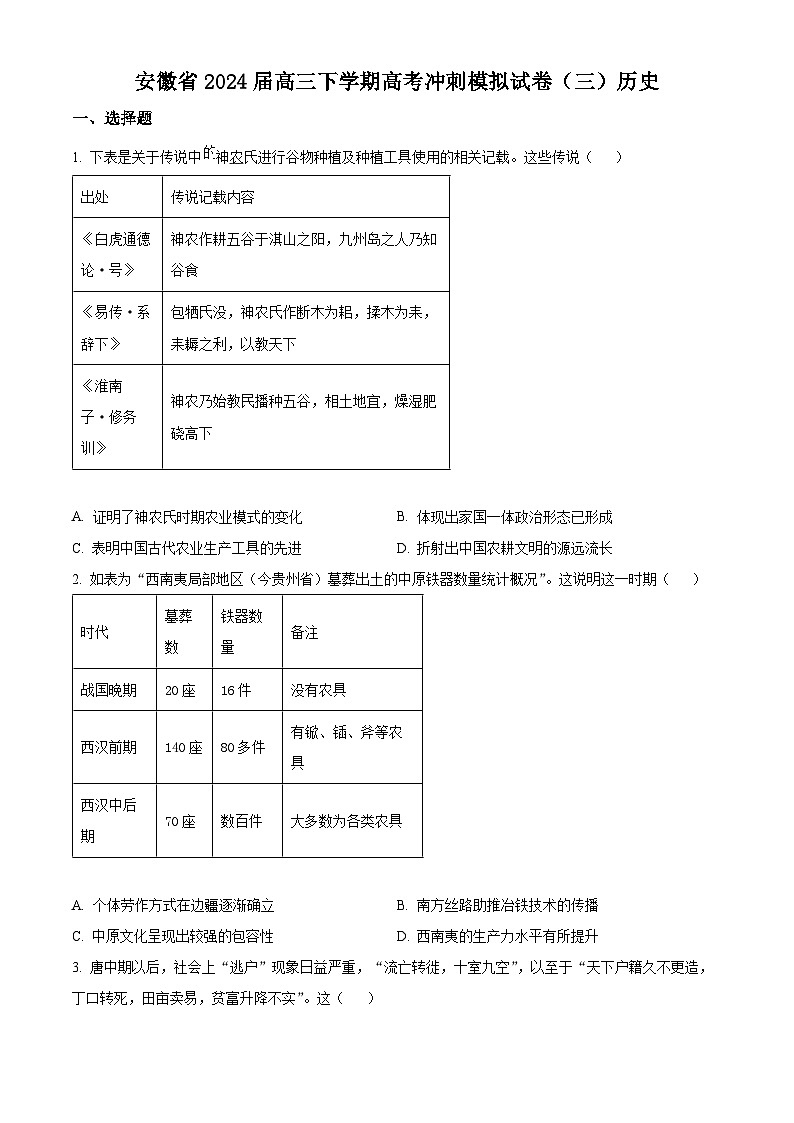安徽省2024届高三下学期高考冲刺模拟（三）历史试题（原卷版+解析版）01