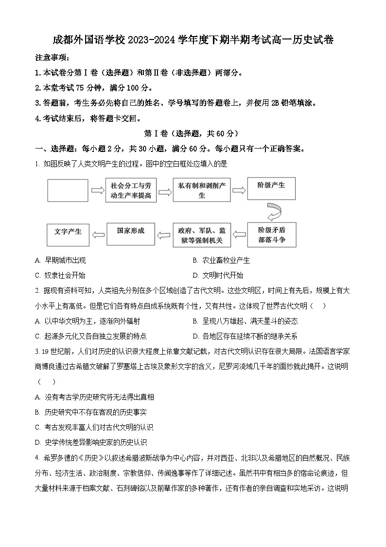 四川省成都外国语学校2023-2024学年高一下学期期中历史试题（原卷版+解析版）01