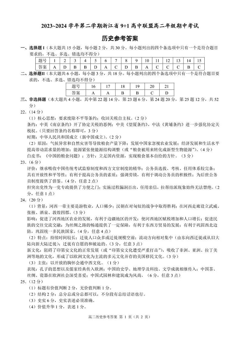 2024浙江省9+1高中联盟高二下学期4月期中考试历史PDF版含答案01