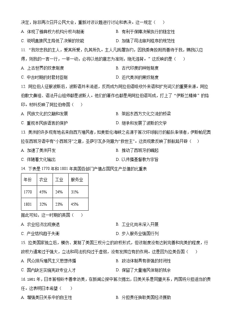山西省2024届普通高中学业水平等级考试模拟（二）历史试题（原卷版+解析版）03