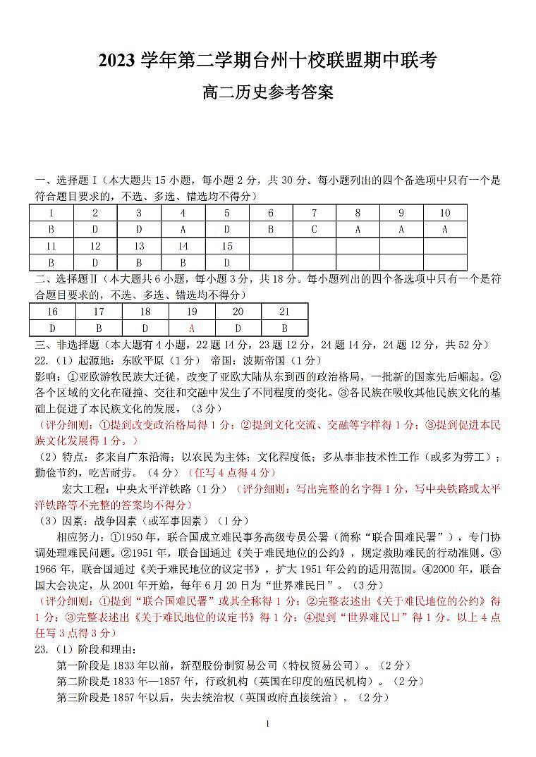 浙江省台州十校联盟2023-2024学年高二下学期4月期中考试历史试卷（PDF版附答案）01