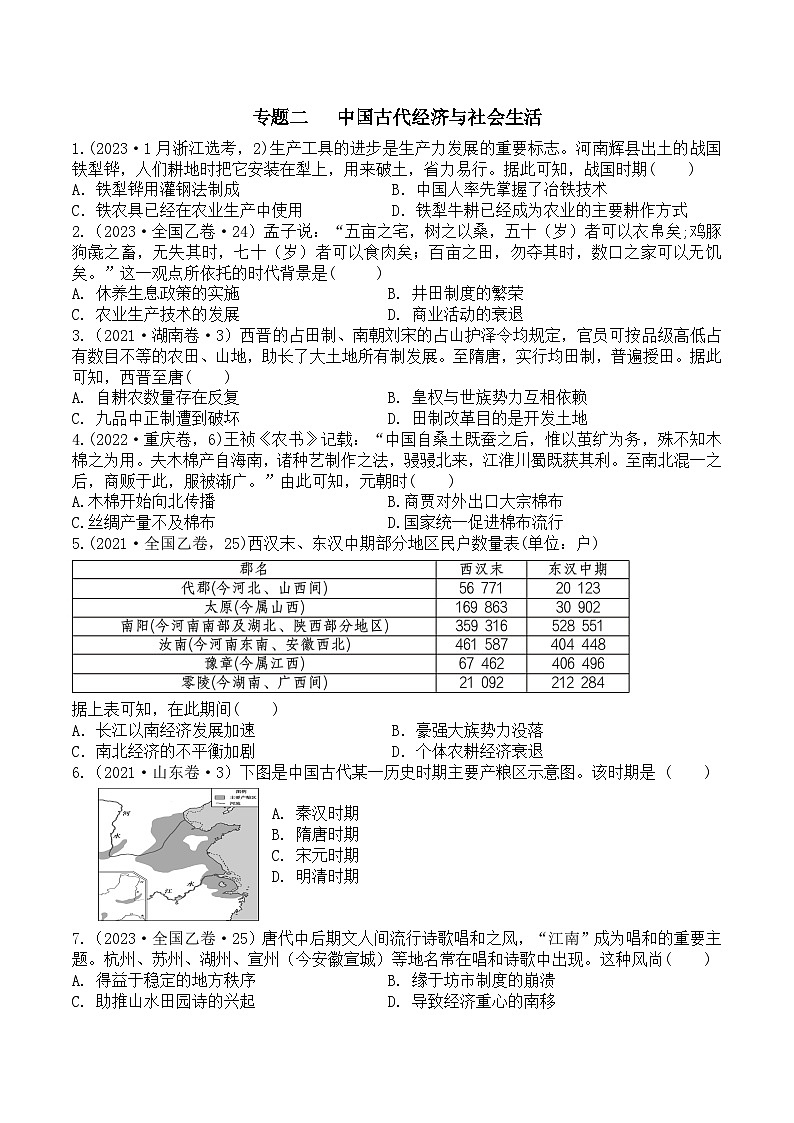 专题二   中国古代经济与社会生活（学生卷）第1页