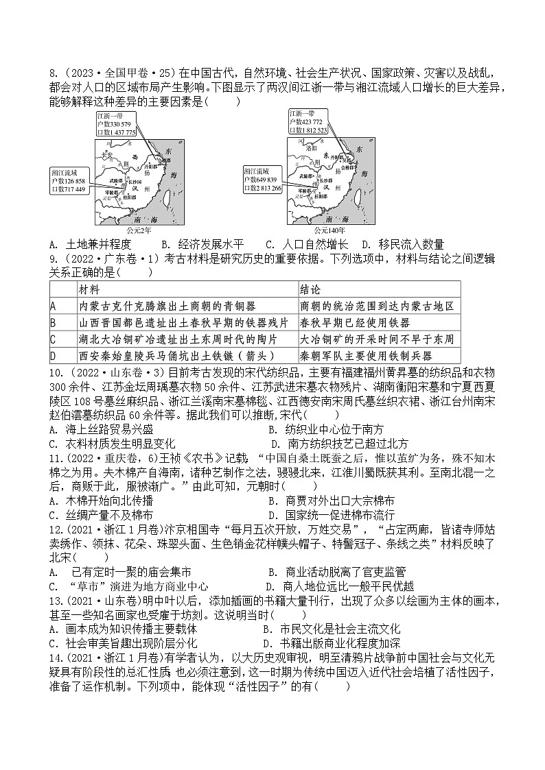 专题二   中国古代经济与社会生活（学生卷）第2页