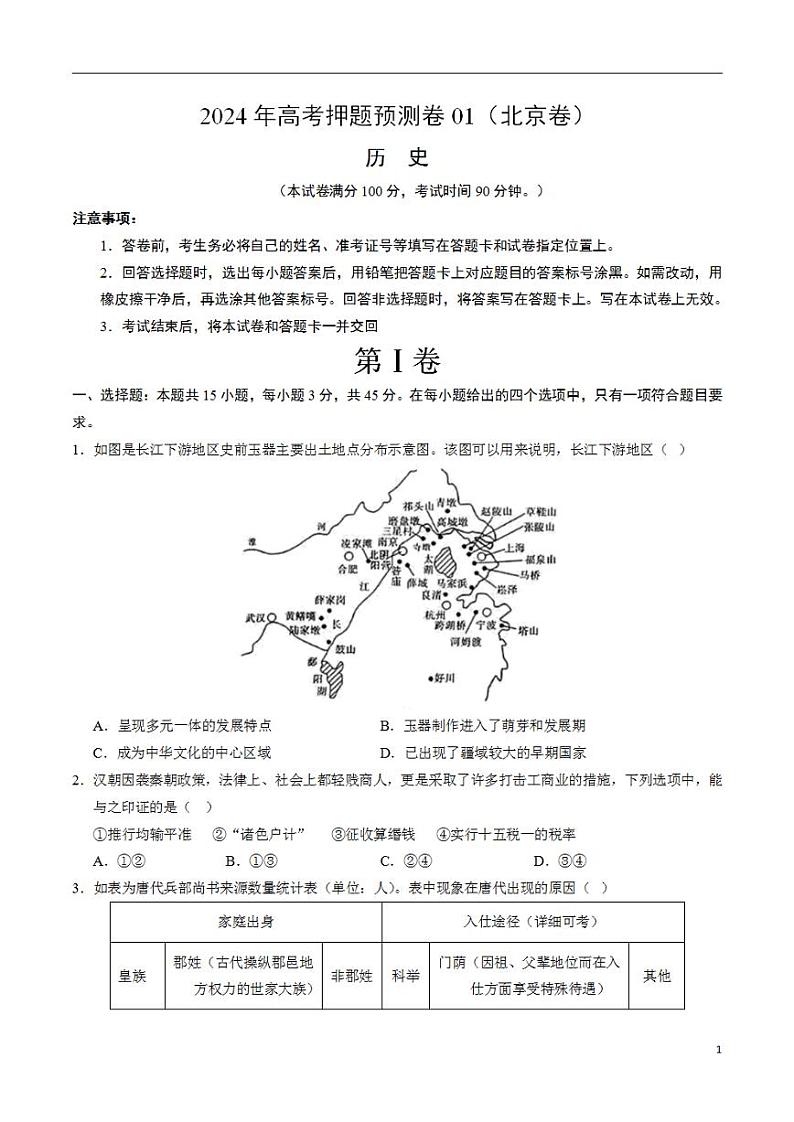2024年高考押题预测卷—历史（北京卷01）（考试版）01
