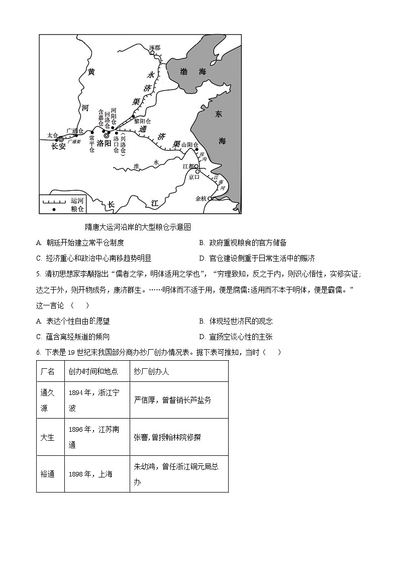 2024永州高三下学期三模历史试题含解析02