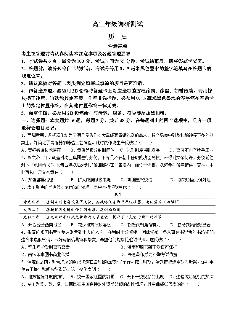2024届江苏省苏北八市高三下学期三模考试历史试题+01