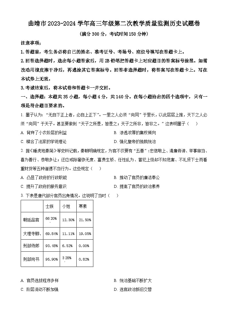 2024届云南省曲靖市高三下学期第二次教学质量监测文科综合试题卷-高中历史（原卷版）第1页