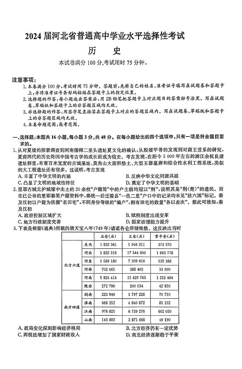 2024河北省部分高中高三下学期5月二模试题历史PDF版含解析第1页