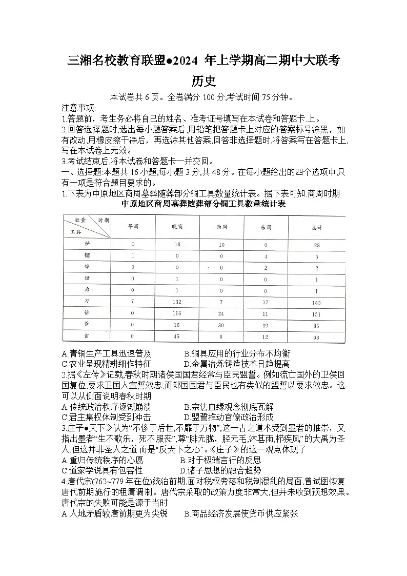 2024湖南省三湘名校教育联盟高二下学期4月期中联考历史试题含解析01