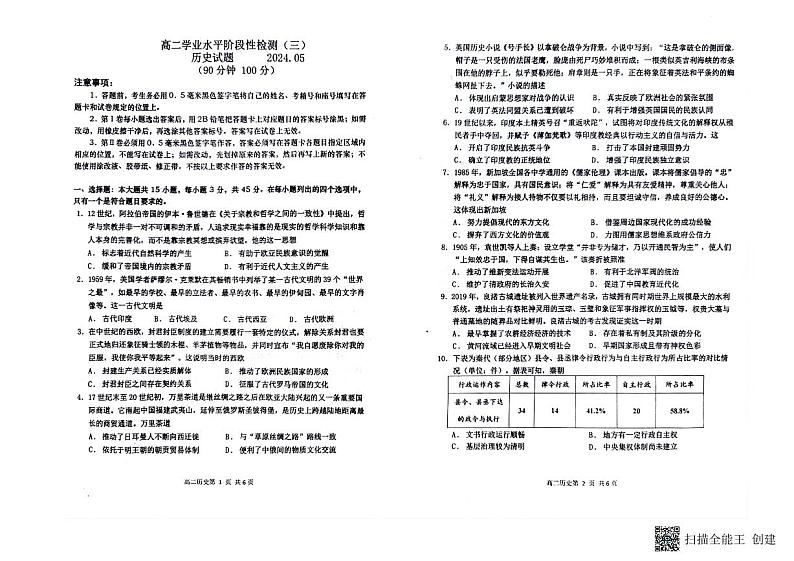 山东省青岛市莱西市2023-2024学年高二下学期学业水平阶段性检测（三）历史试题+01