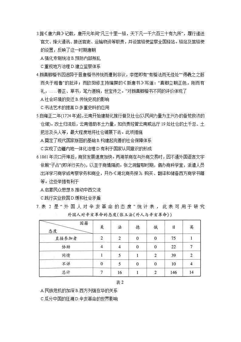 湖北省武汉市2024届高三下学期4月调研（二模）历史试卷Word版含答案02
