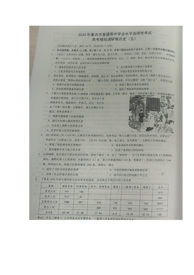 2024届重庆市璧山来凤中学校等多校联考高三学业水平选择性考试高考模拟调研卷（五）历史试题第1页